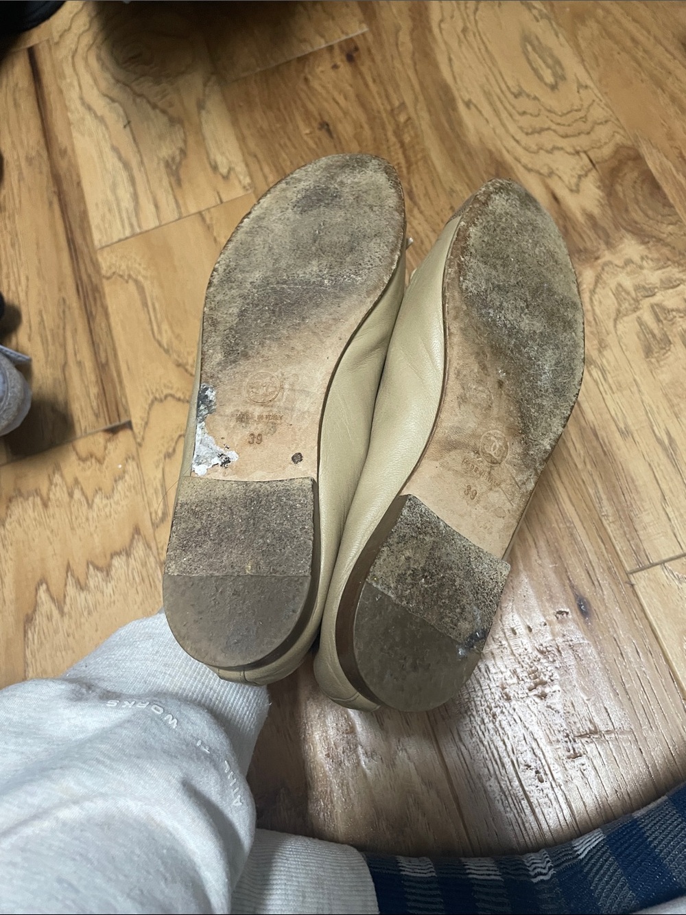 CHANEL Taupe Leather Ballet Flats with Gold Cap Toe - Picture 3 of 6
